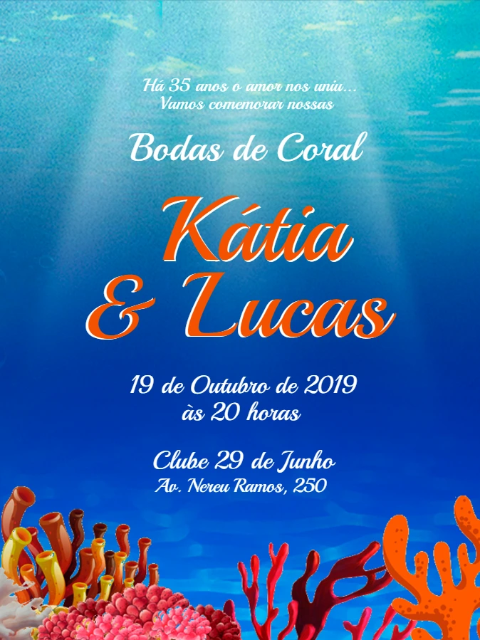 Convite Bodas de Coral Fundo do Mar para Editar Online