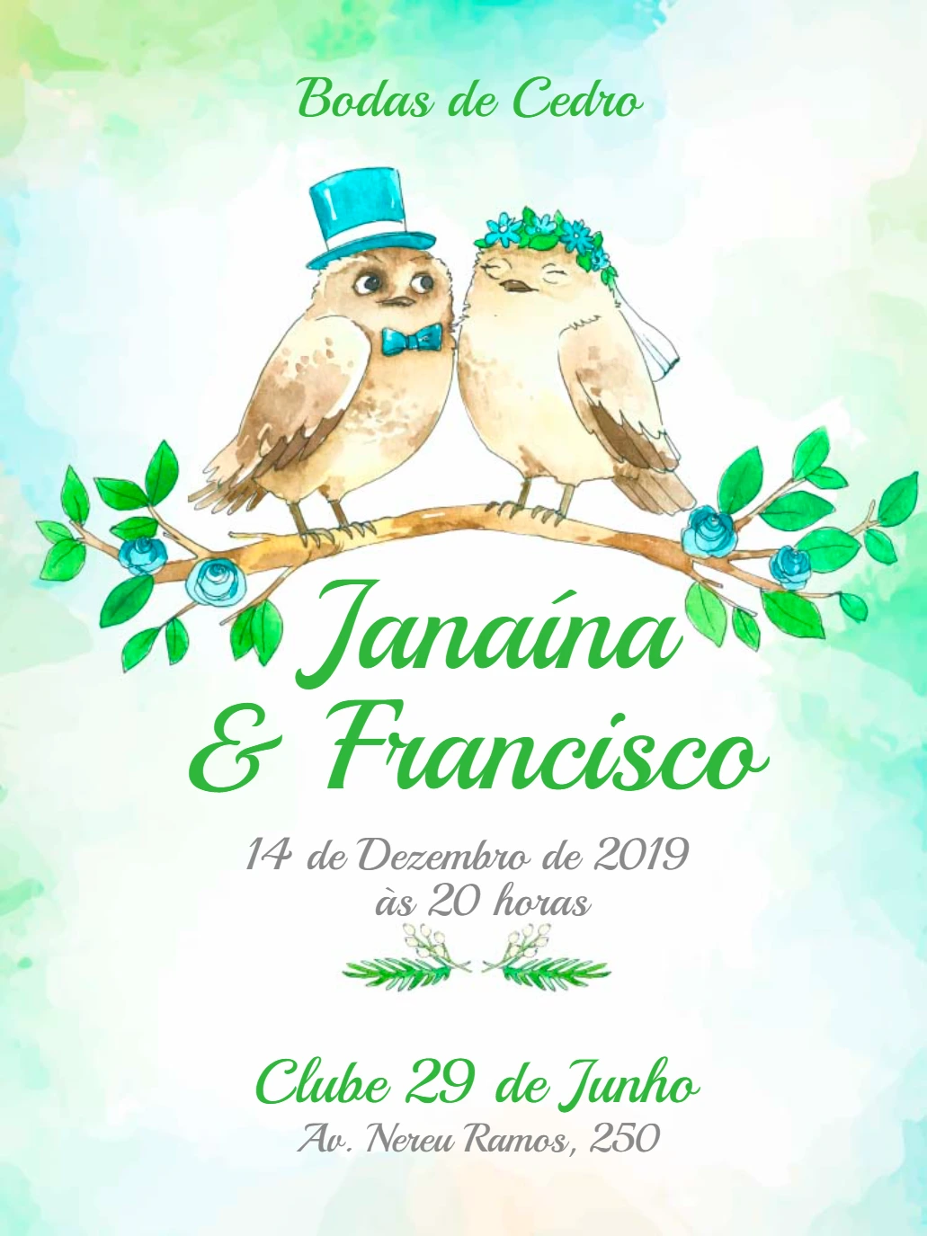 Convite Bodas de Cedro com passarinhos para Editar Online