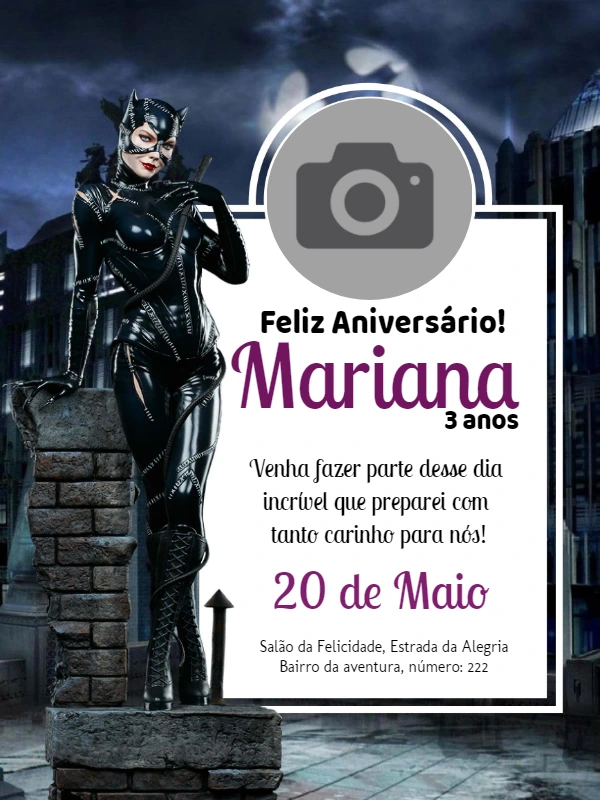 Convite Aniversário Mulher Gato com Foto para Editar Online