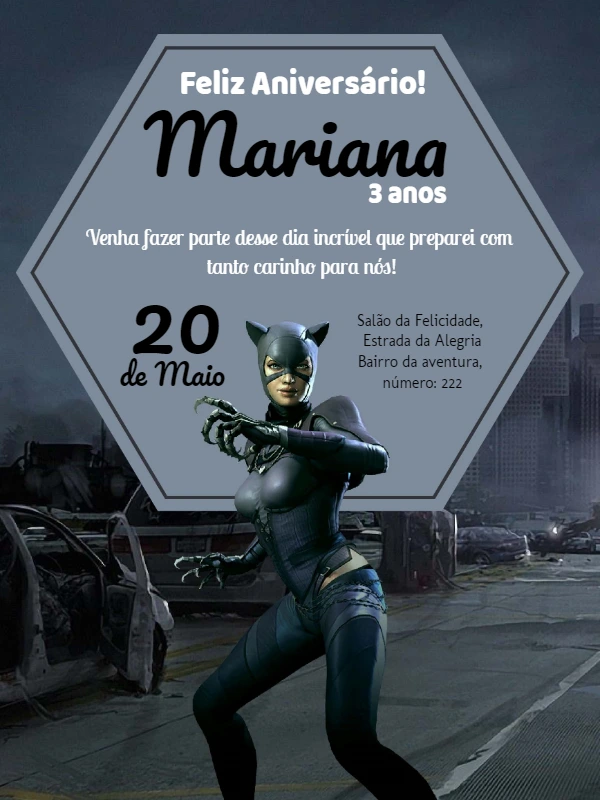 Convite de Aniversário Mulher Gato para Editar Online
