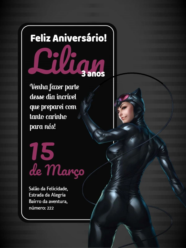 Convite de Aniversário Mulher Gato para Editar Online