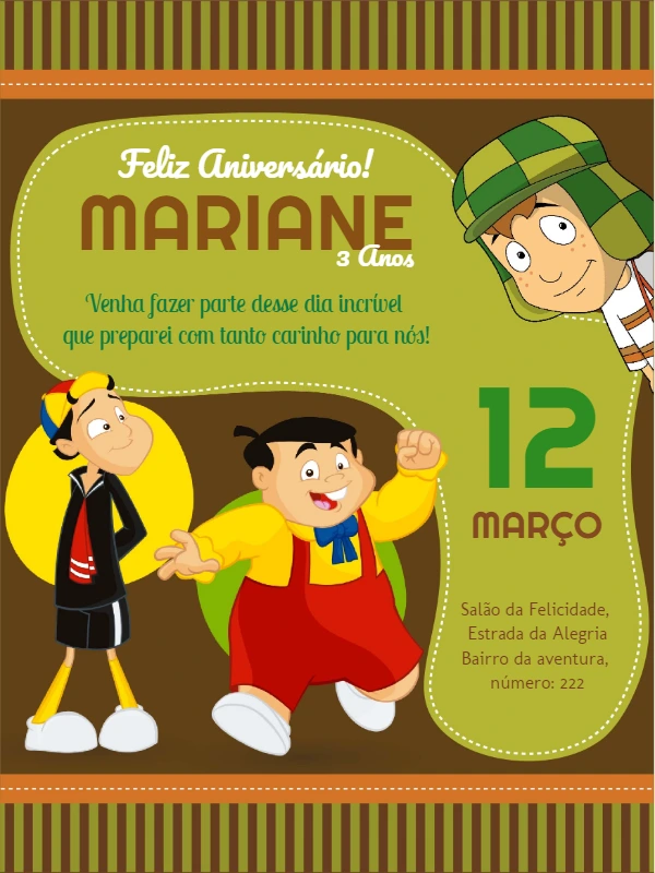 Convite de Aniversário Chaves e sua Turma para Editar Online