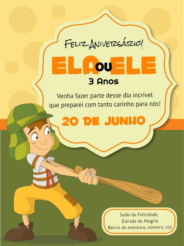 Convite de Aniversário Chaves para Editar e Imprimir Online