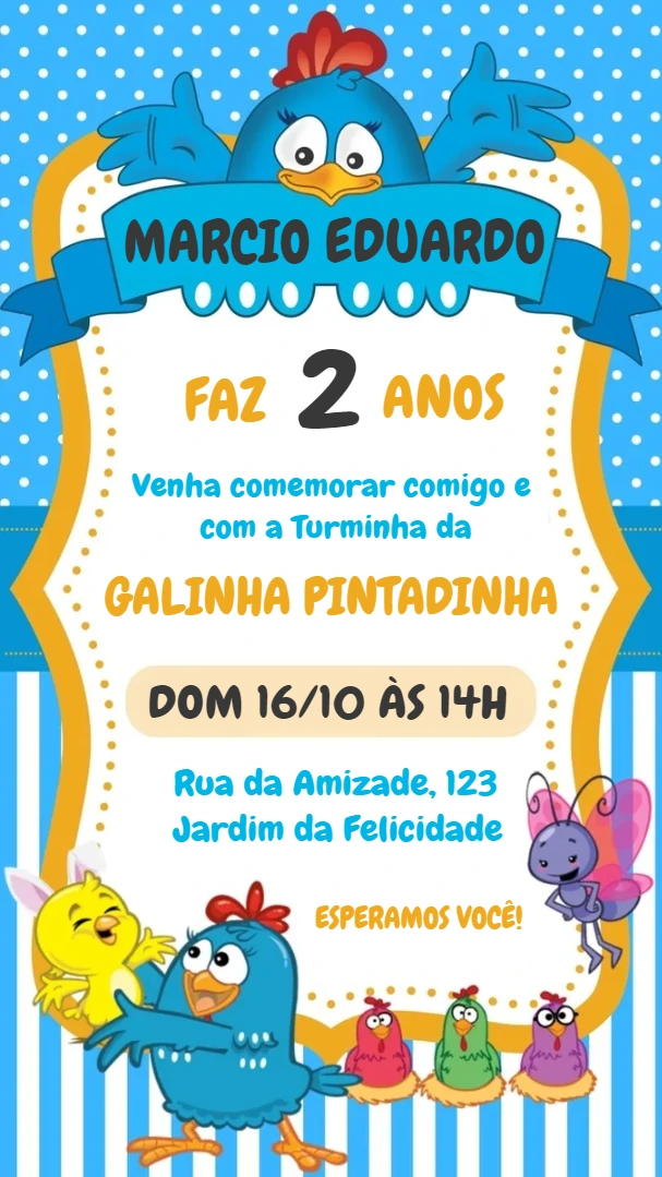 Convite Aniversário Galinha Pintadinha para Editar Online