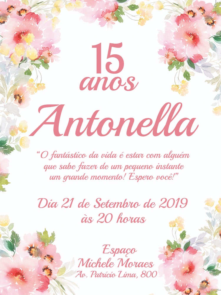 Convite de 15 Anos Floral Aquarela para Editar Online