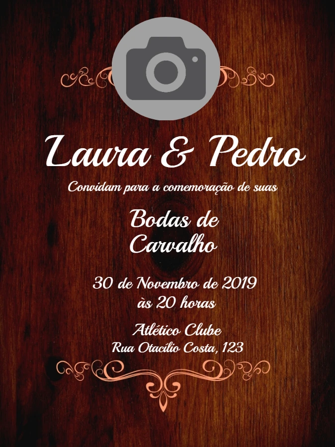 Convite Bodas de Carvalho Rústico com Foto para Editar Online