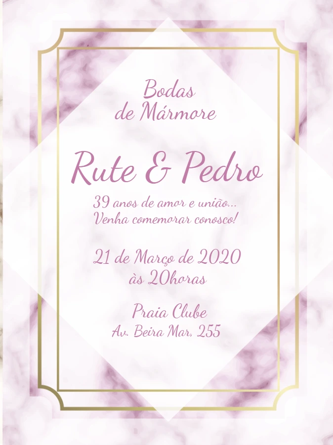 Convite Bodas de Mármore Rosa e Dourado para Editar Online