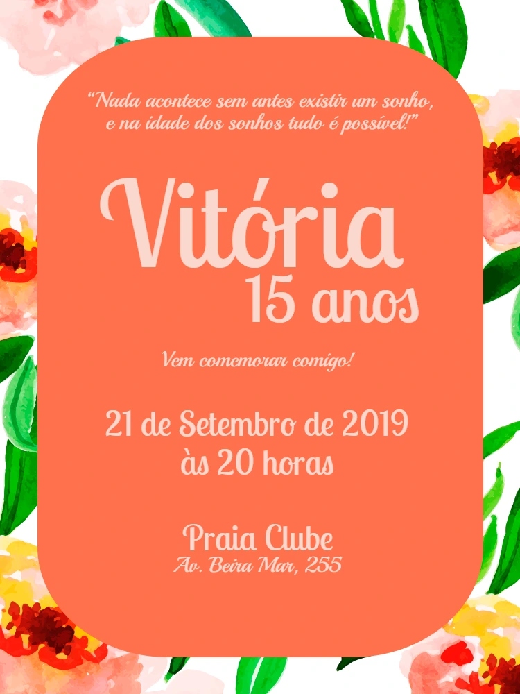 Convite de 15 Anos Floral Laranja para Editar Online
