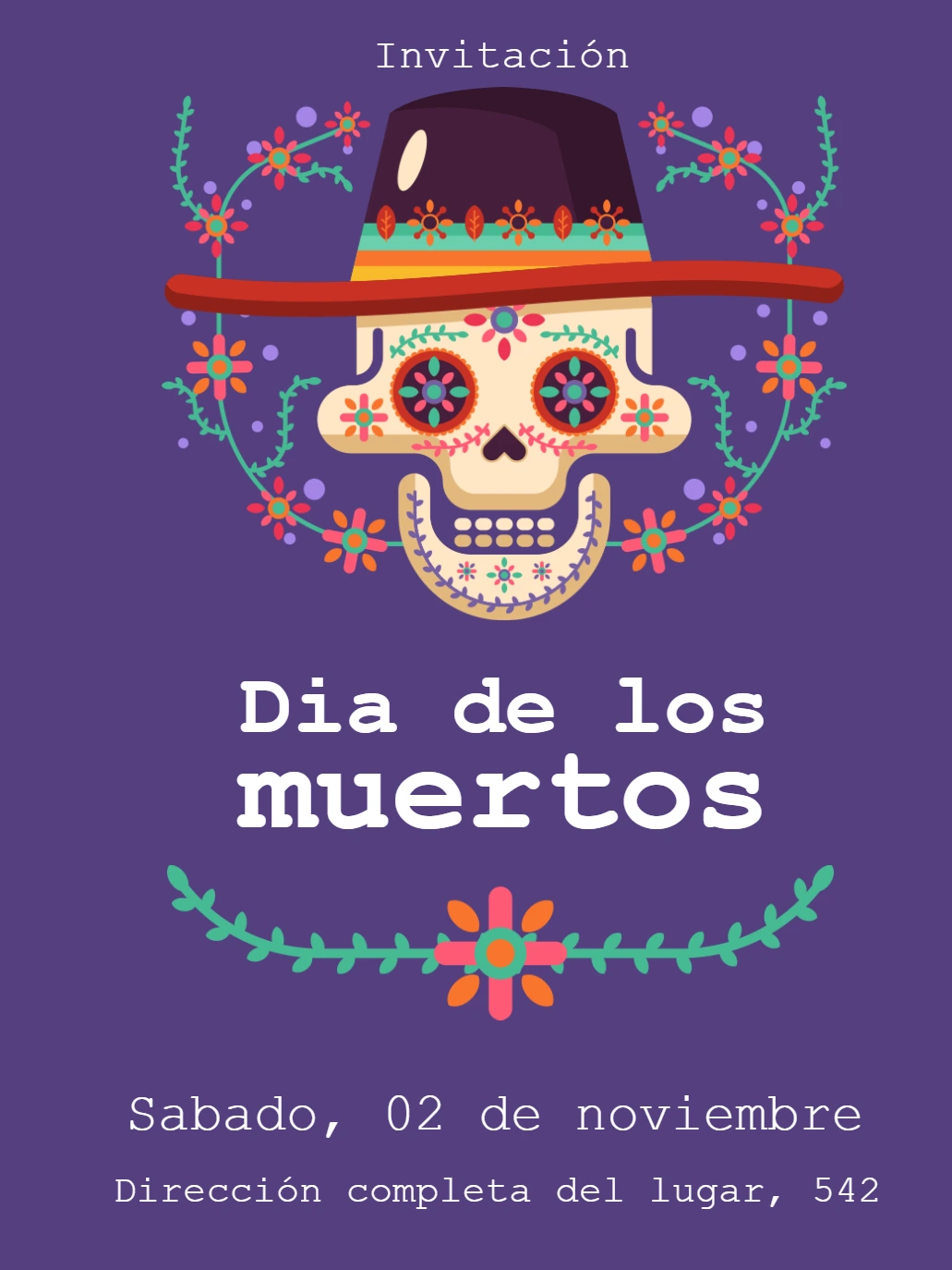 Invitación Día de los Muertos con Calavera para Editar Online