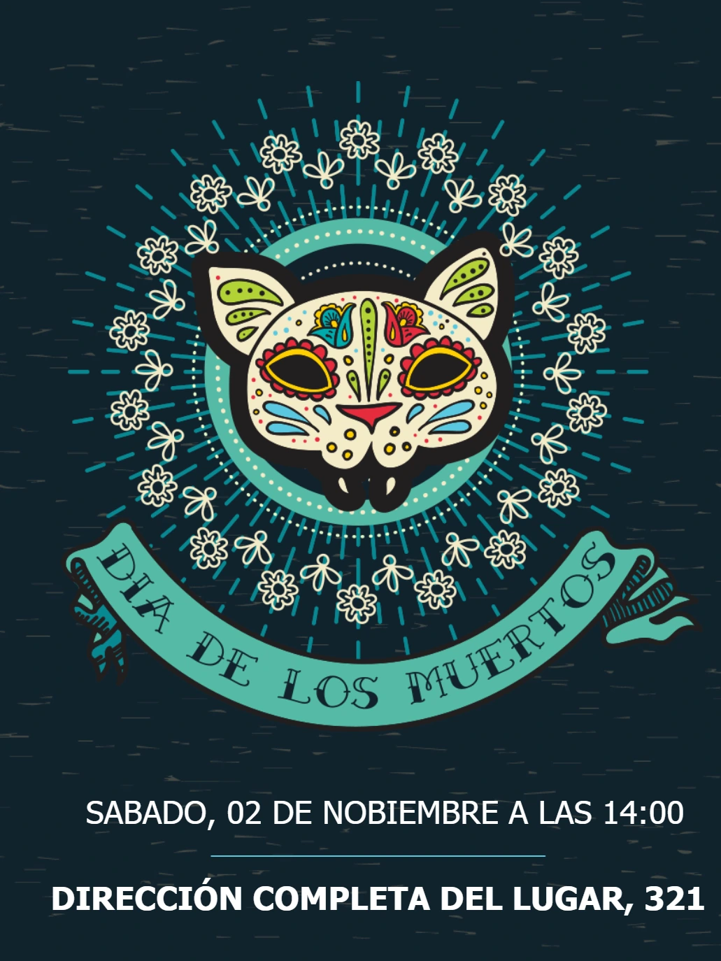 Invitación Día de los Muertos con Gato Calavera para Editar