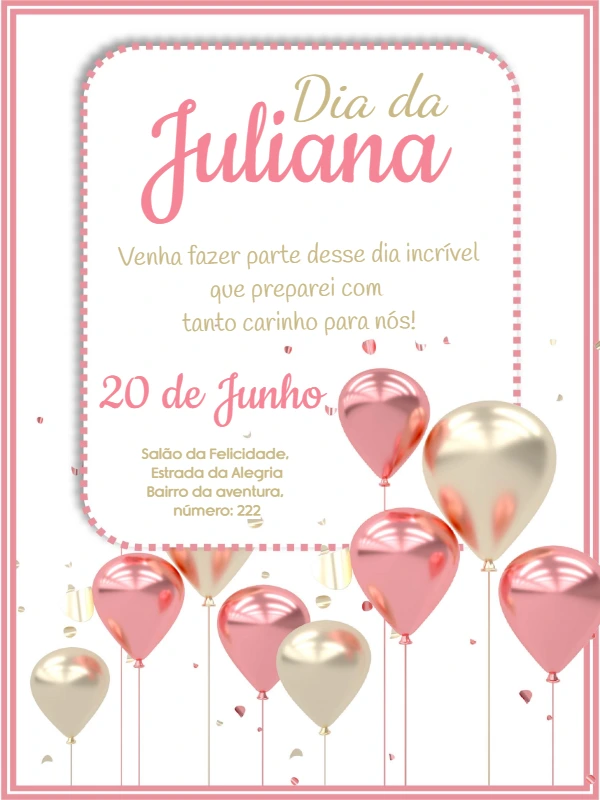 Convite de Aniversário com Balões Rosa e Dourado para Editar