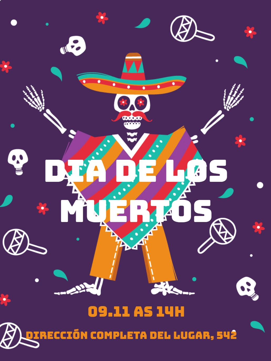Invitación Día de los Muertos con esqueleto y sombrero para Editar