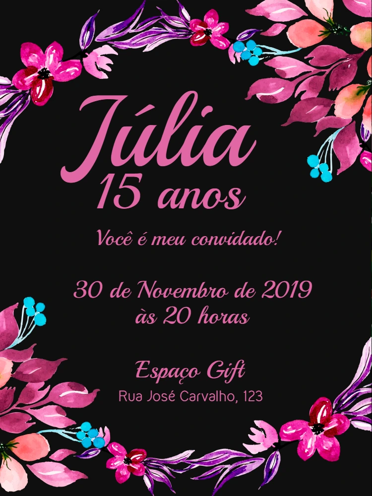 Convite de 15 Anos Floral Preto e Rosa para Editar Online
