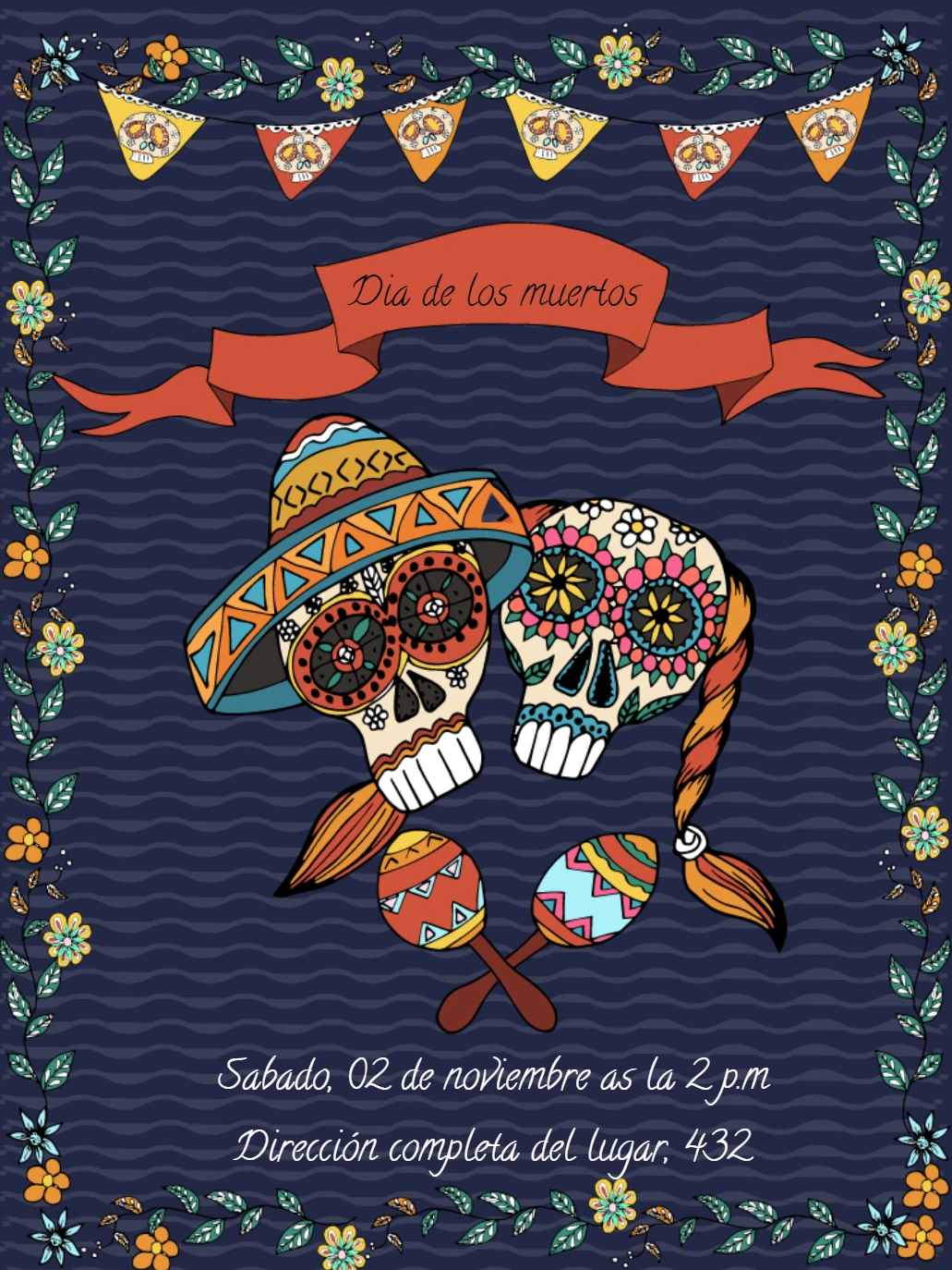 Invitación Día de los Muertos con Calaveras para Editar Online