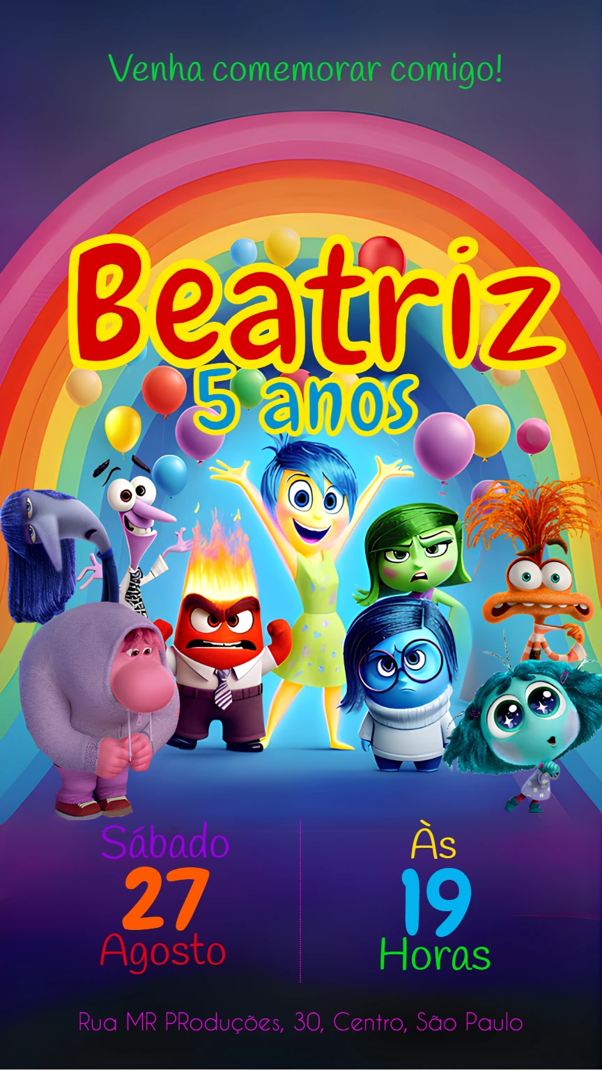 Convite Aniversário Divertida Mente 2 com Personagens para Editar