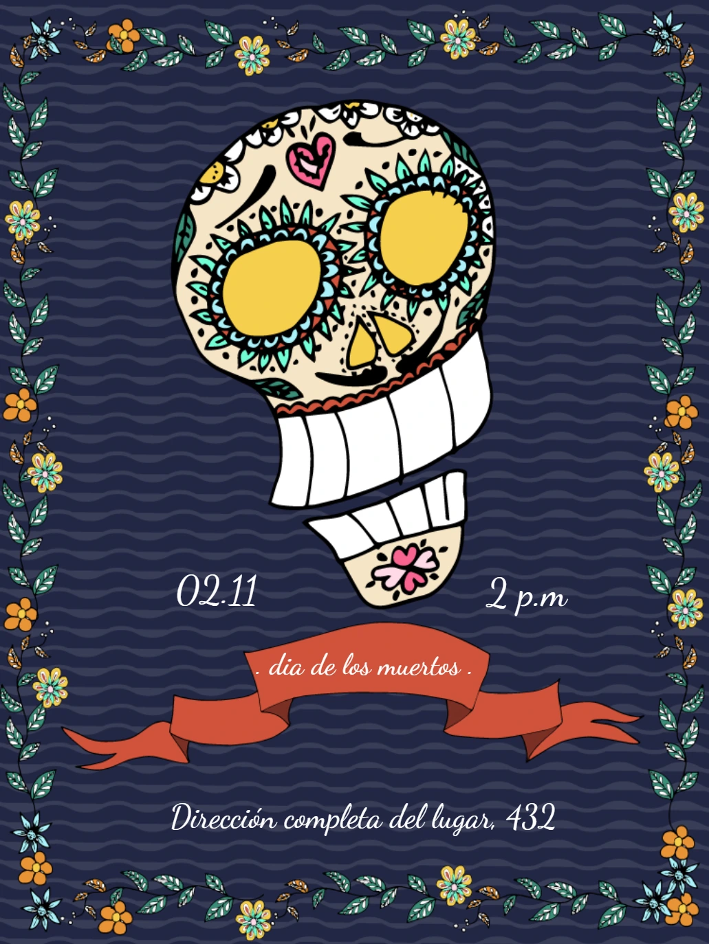 Invitación Día de los Muertos con Calavera para Editar Online