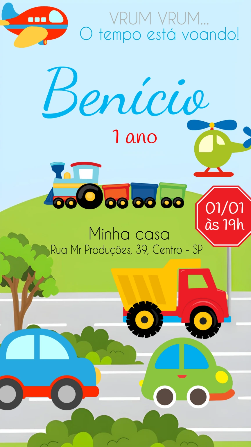 Convite Aniversário Meios de Transporte para Editar Online