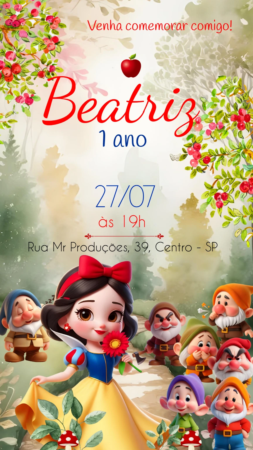 Convite Aniversário Branca de Neve e os 7 Anões para Editar