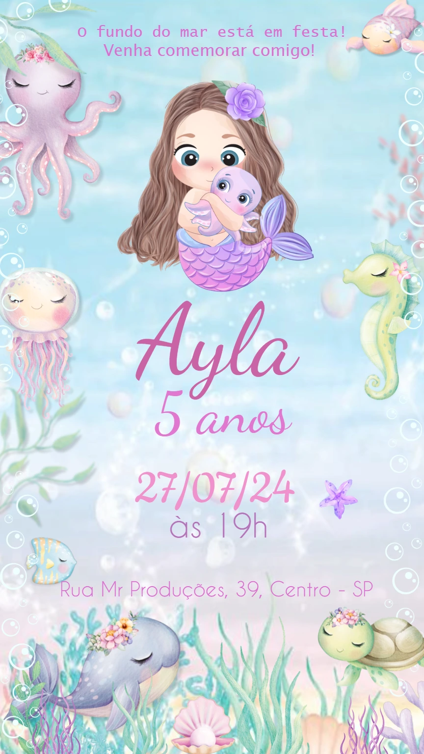 Convite de Aniversário Sereia Cute para Editar Online