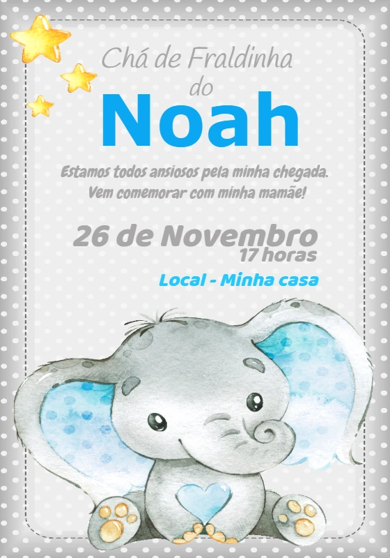 Convite Chá de Fraldas Elefantinho Aquarela para Editar Online