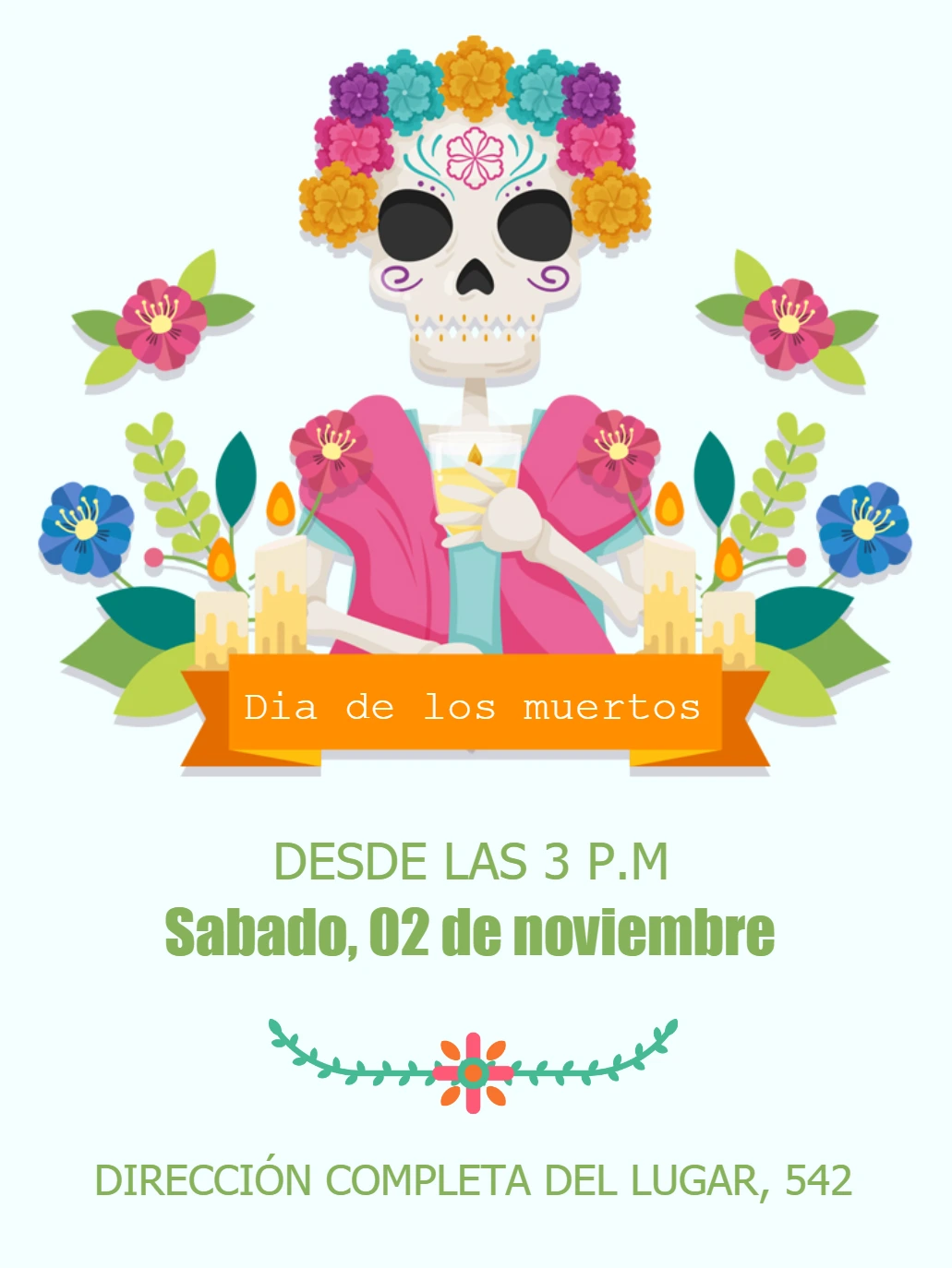 Invitación Día de los Muertos con Calavera para Editar Online