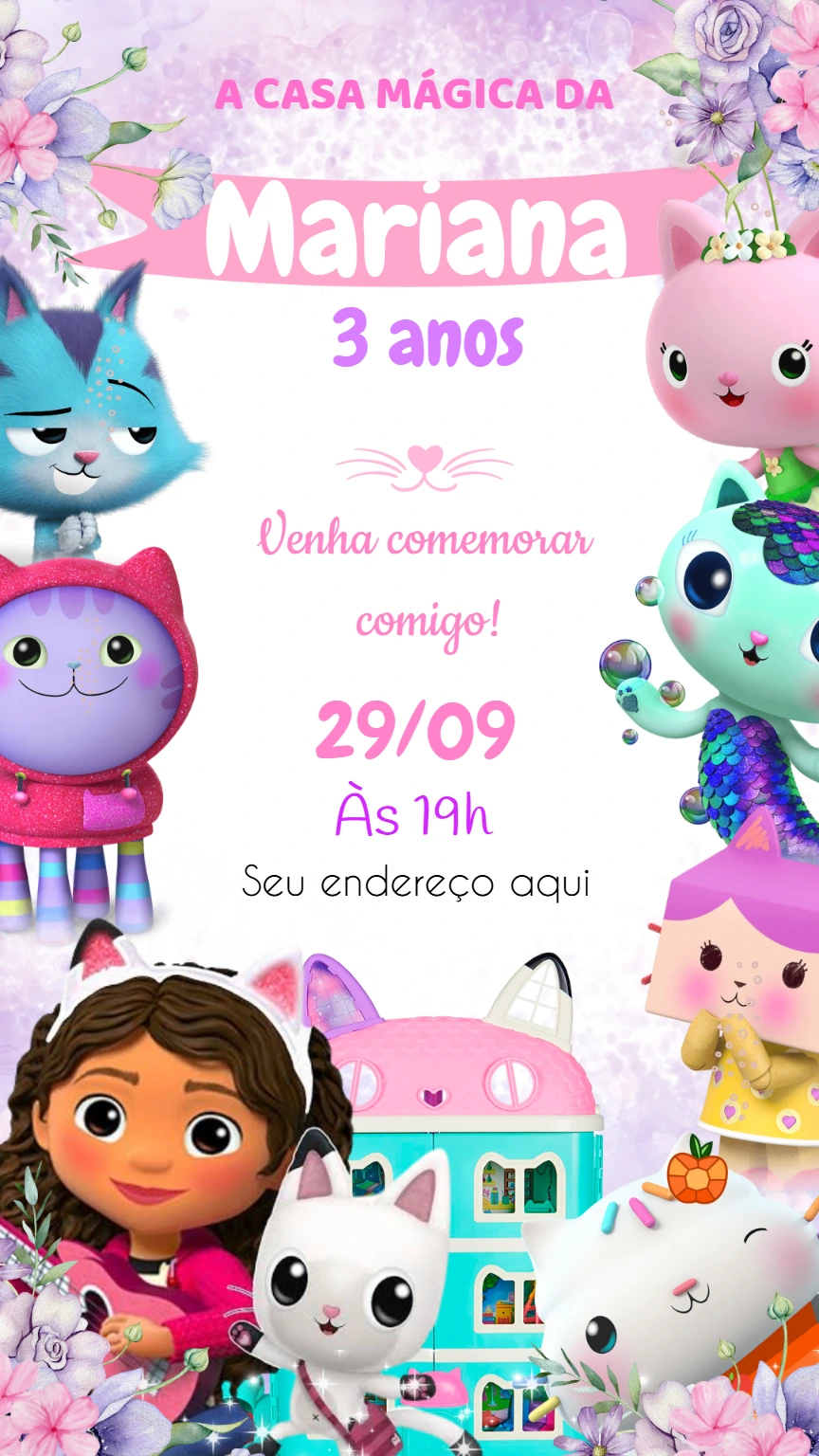 Convite Aniversário Casa Mágica da Gabby para Editar Online