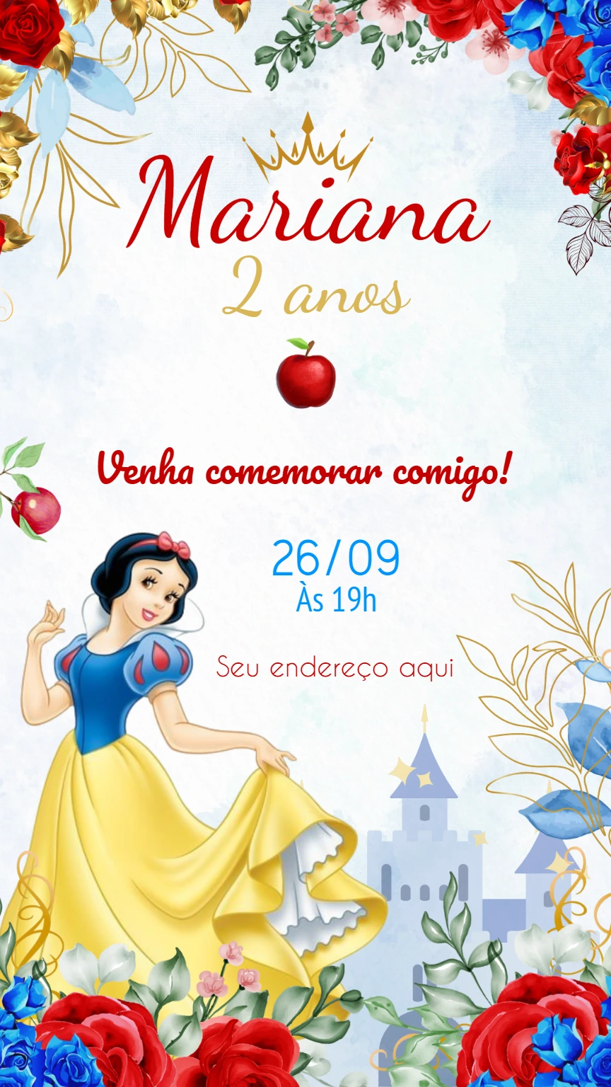 Convite Aniversário Branca de Neve para Editar Online