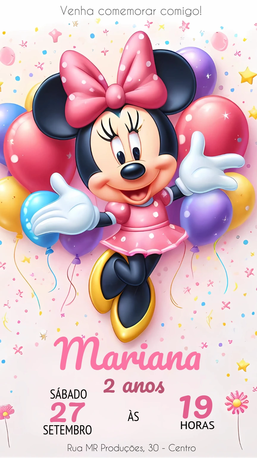 Convite de Aniversário Minnie Mouse Rosa para Editar Online