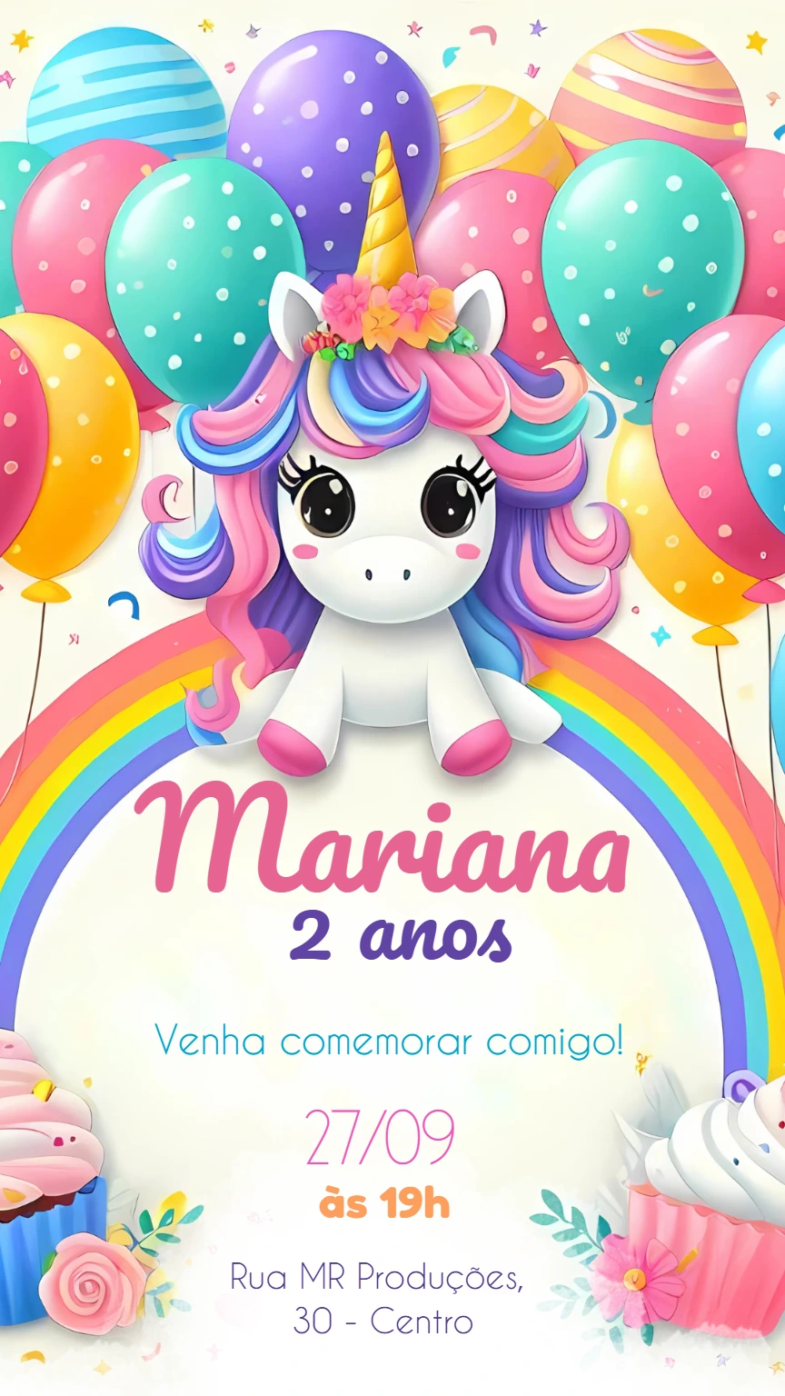 Convite de Aniversário Unicórnio Fofo para Editar Online