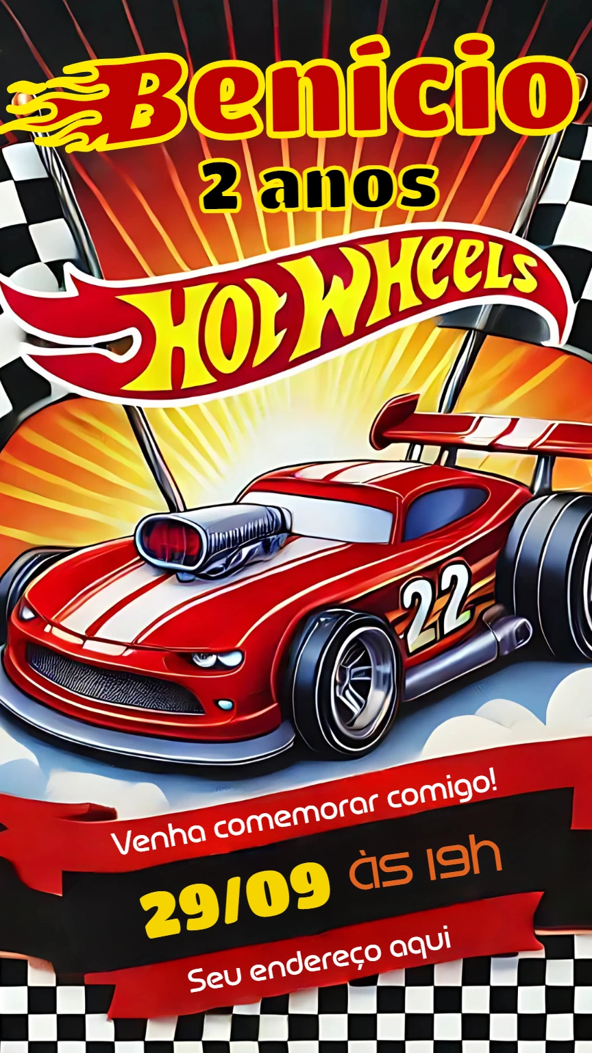 Convite de Aniversário Hot Wheels Carros para Editar Online
