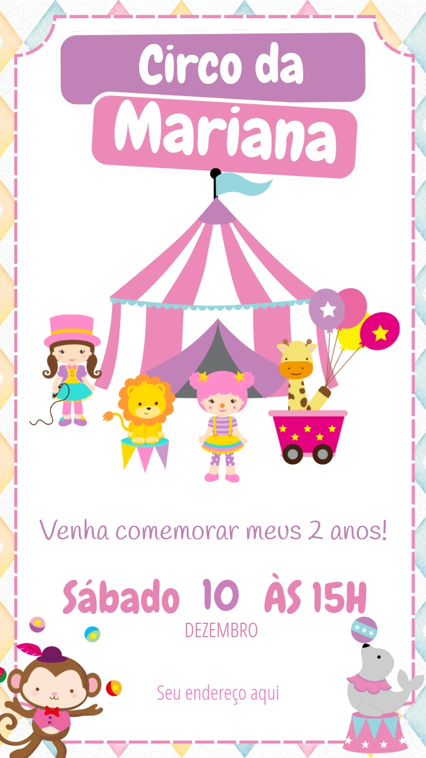 Convite de Aniversário Circo Rosa com Animais para Editar
