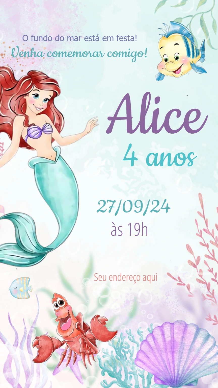 Convite Aniversário Pequena Sereia Aquarela para Editar