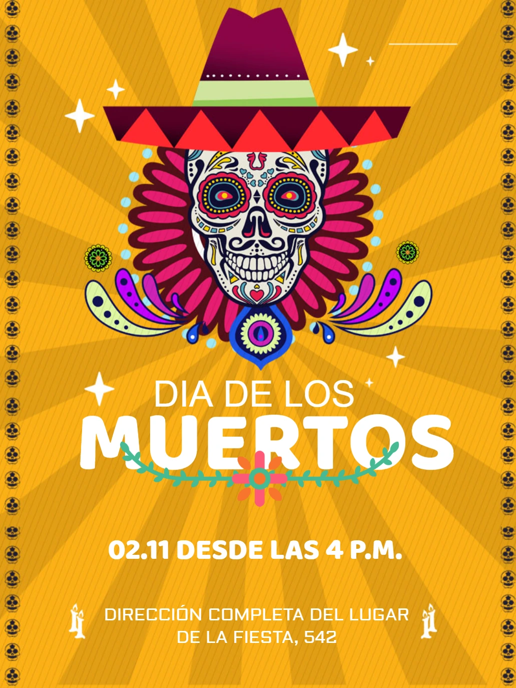 Invitación Día de los Muertos con Calavera para Editar Online