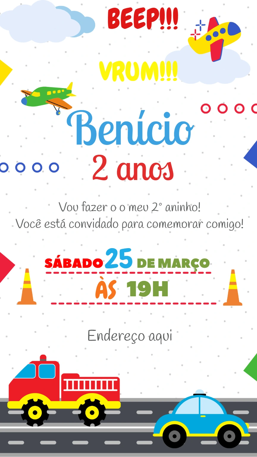 Convite Aniversário Meios de Transportes Editável Online