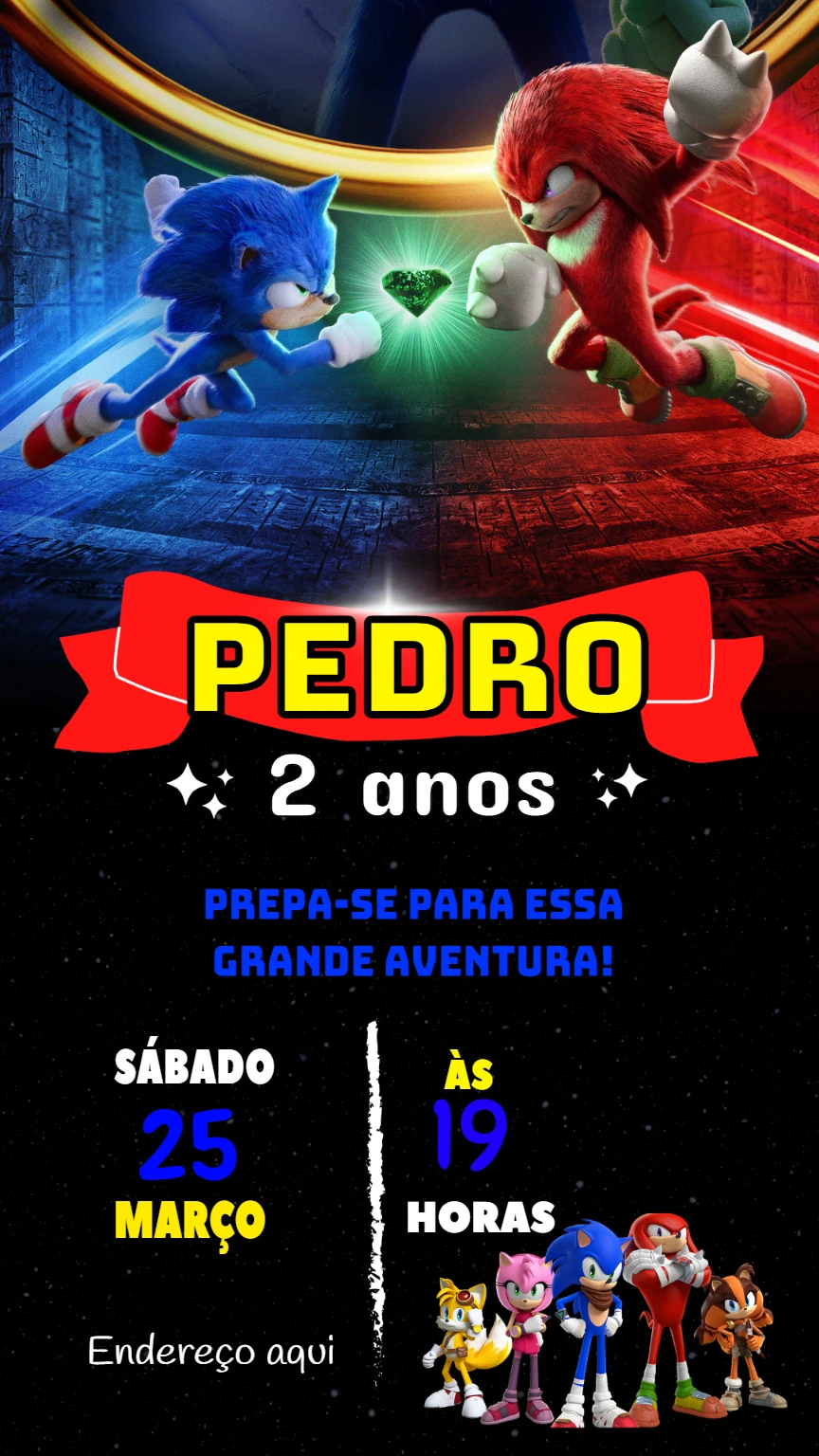 Convite de Aniversário Sonic com Personagens para Editar Online