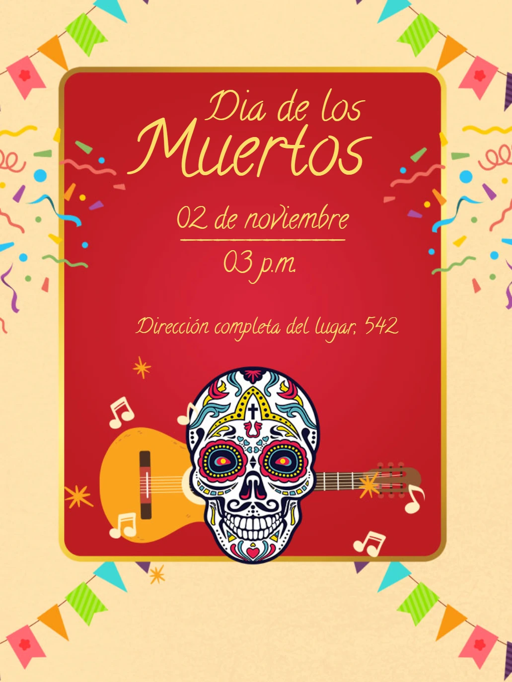 Invitación Día de los Muertos con Calavera para Editar Online