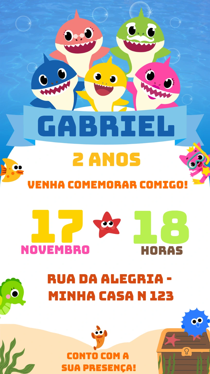Convite de Aniversário Baby Shark com Personagens para Editar