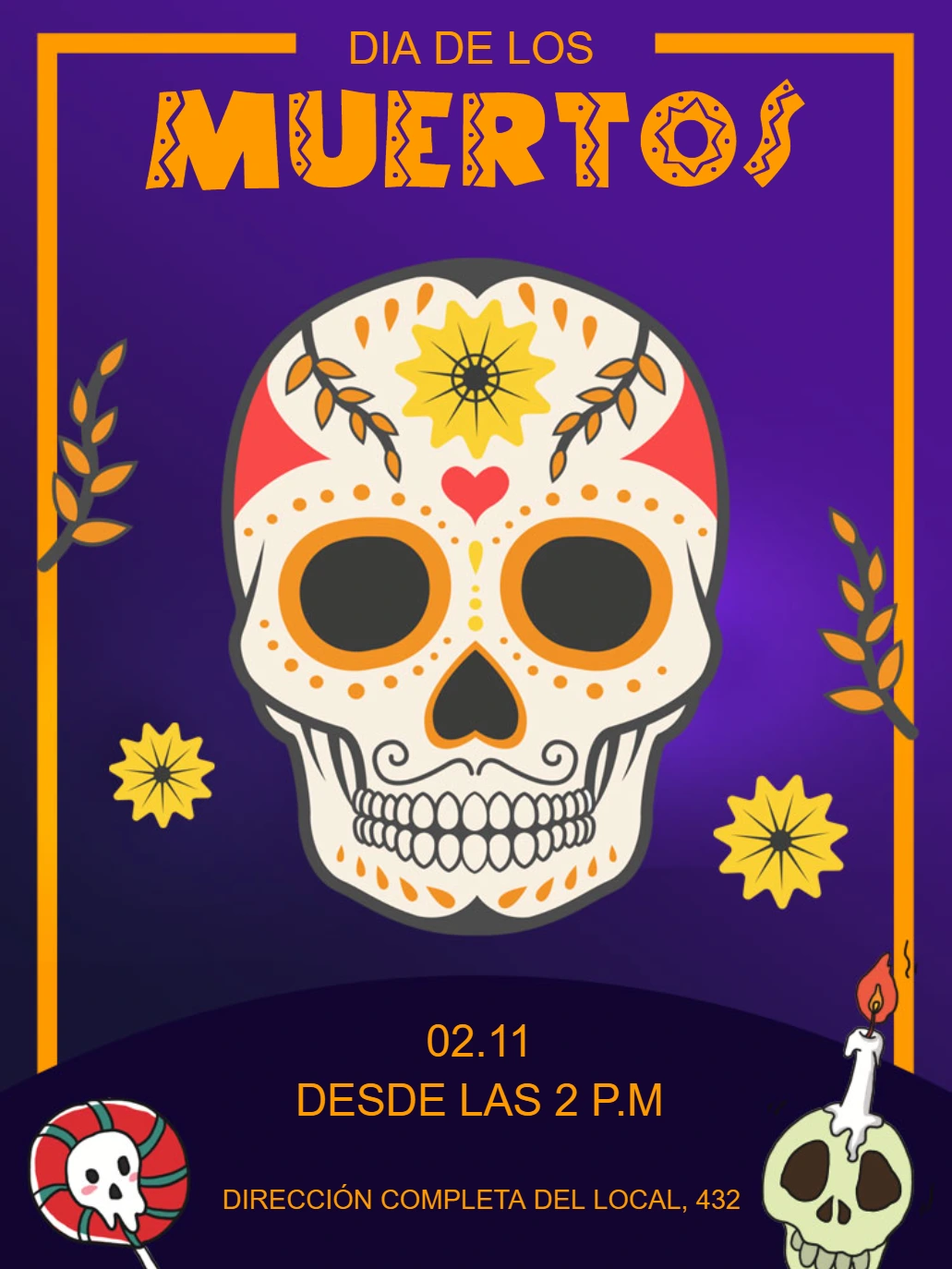 Invitación Día de los Muertos con Calavera para Editar Online