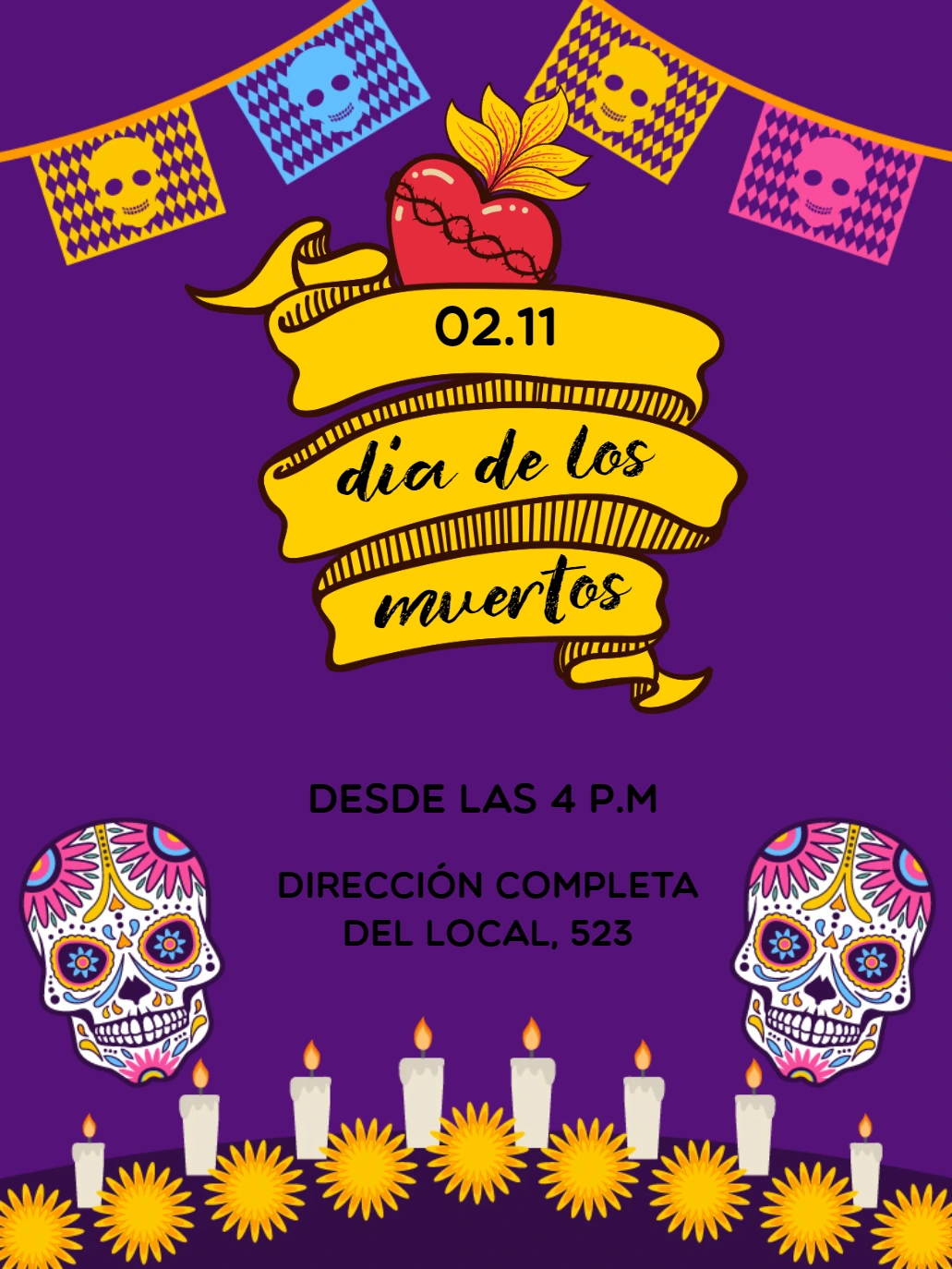 Invitación Día de los Muertos con Calaveras para Editar Online