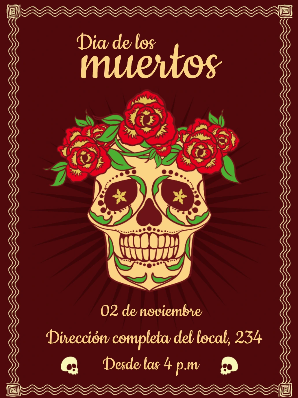 Invitación Día de los Muertos con Calavera para Editar Online