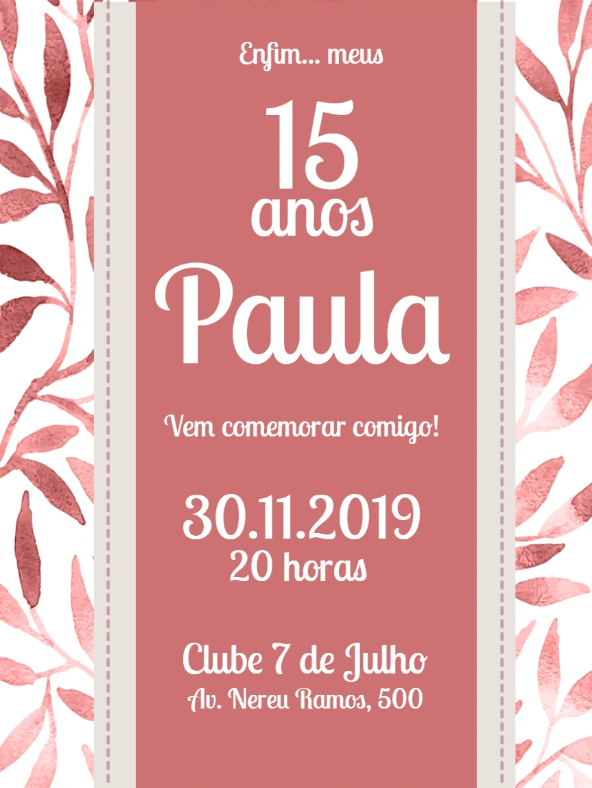 Convite de 15 Anos Folhagens Aquarela Rosa para Editar Online