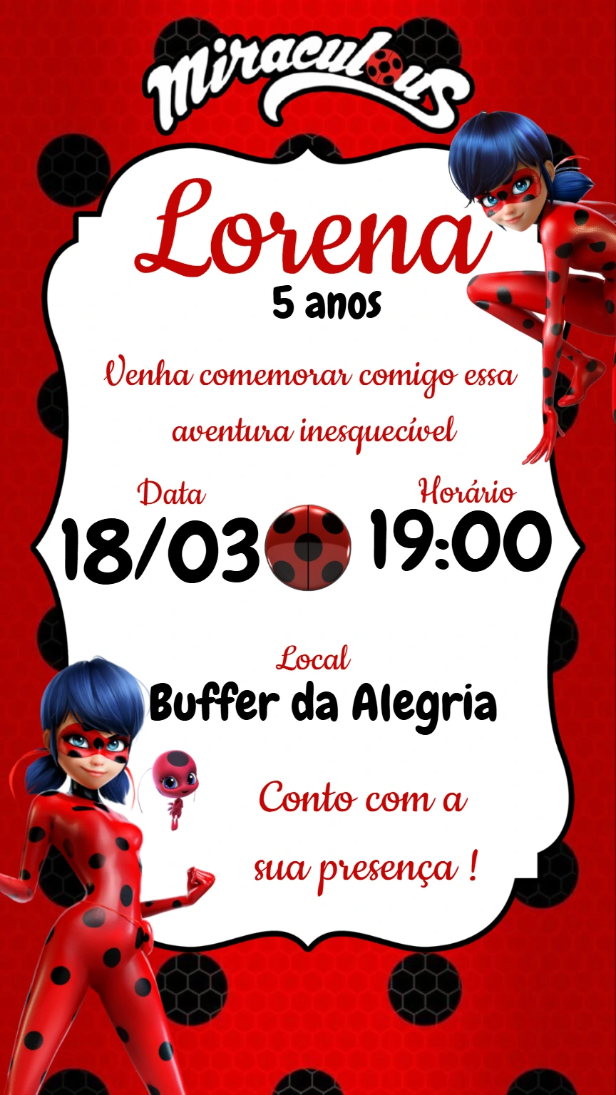 Convite de Aniversário Lady Bug Miraculous para Editar Online