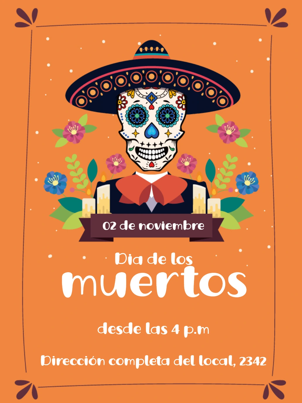 Invitación Día de los Muertos con Calavera para Editar Online