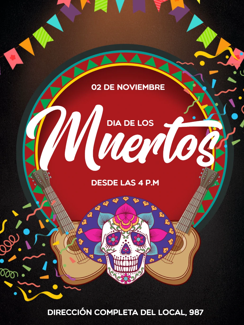 Invitación de Día de los Muertos con calavera para editar