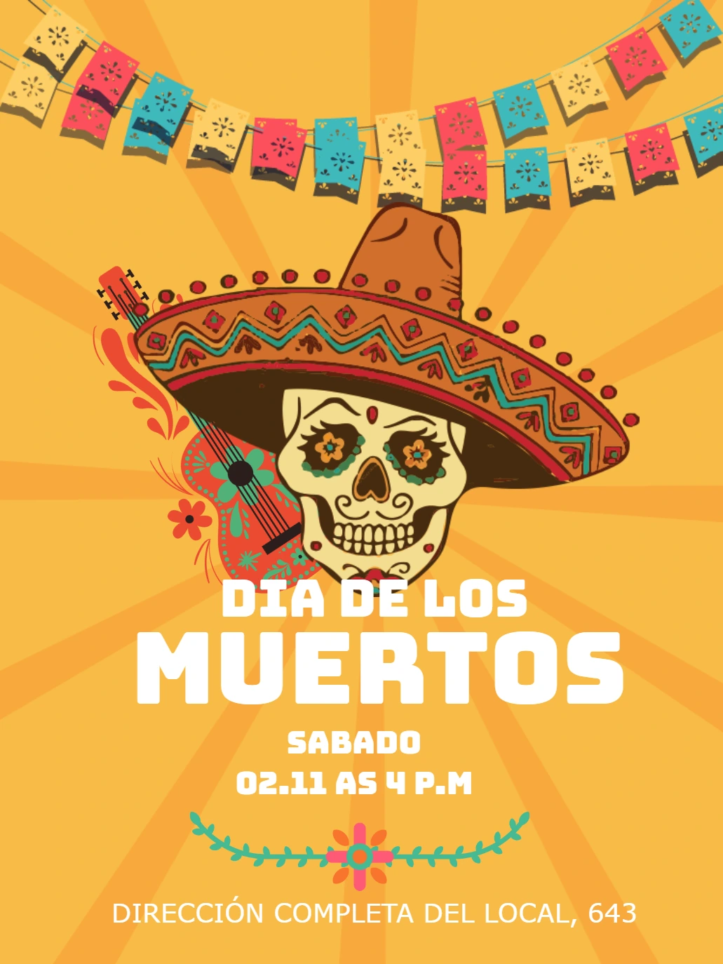 Invitación Día de los Muertos con Calavera para Editar Online