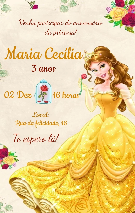 Convite de Aniversário A Bela e a Fera para Editar Online