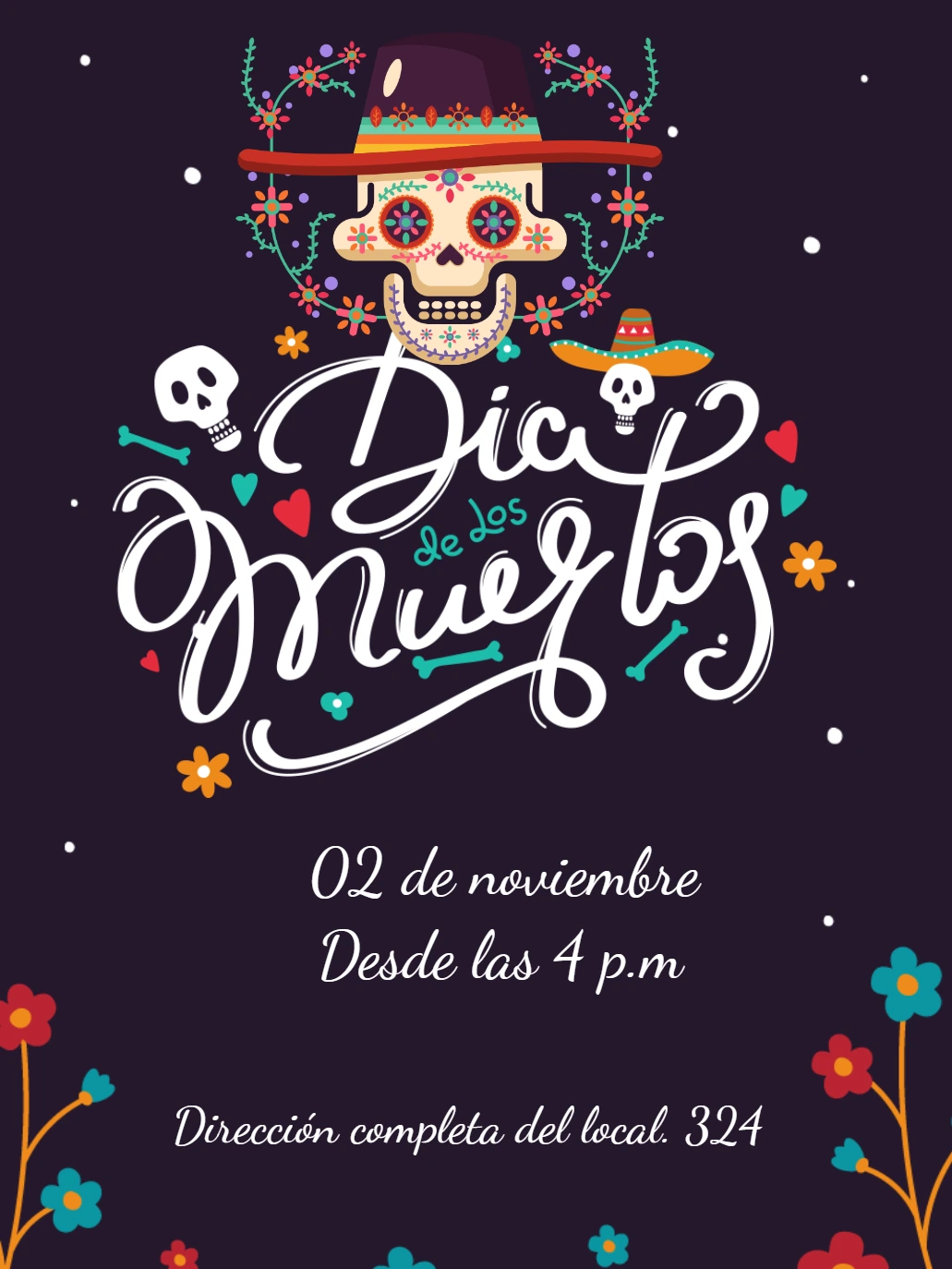 Invitación Día de los Muertos con Calavera para Editar Online