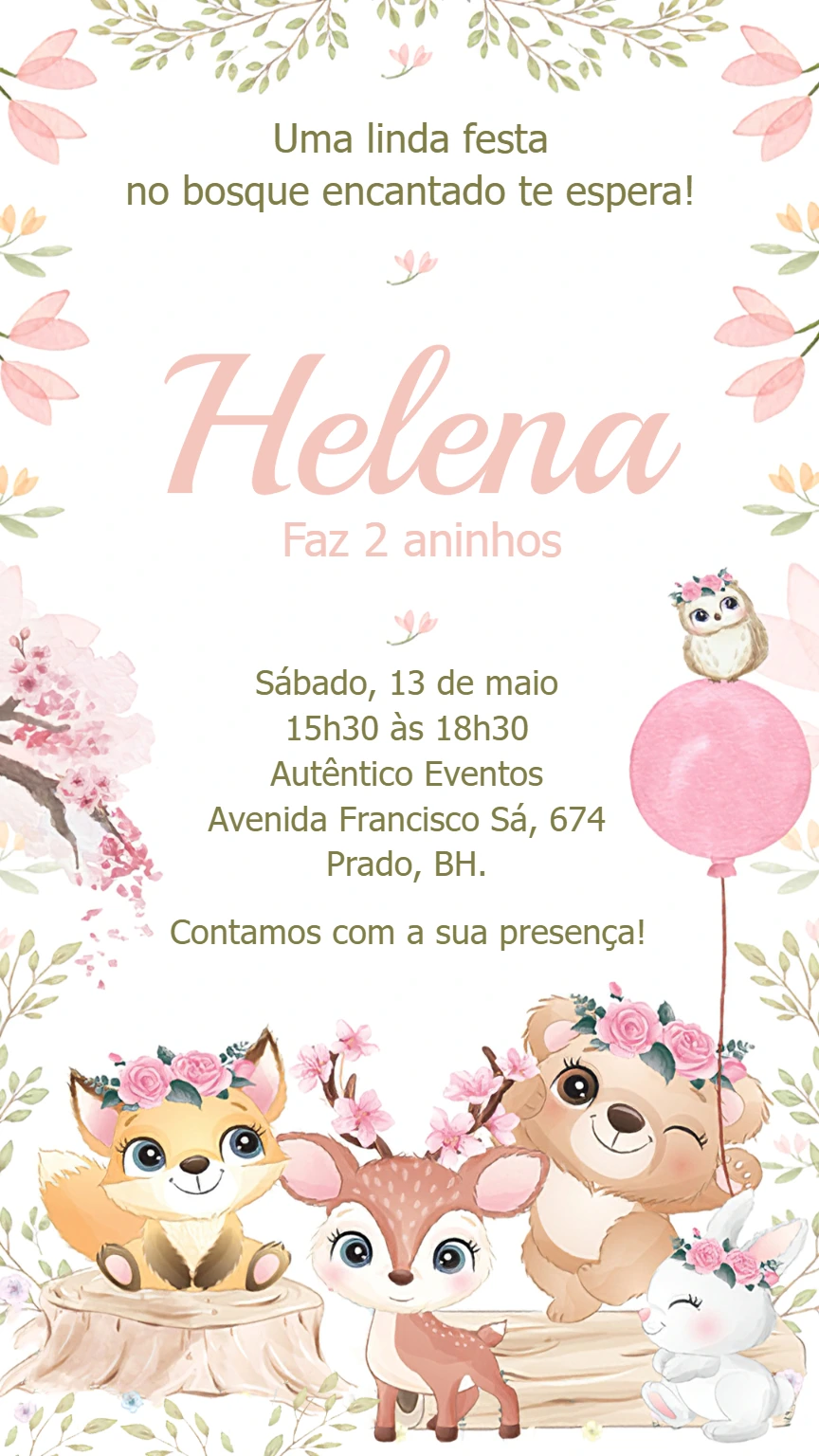 Convite Aniversário Bosque Encantado com Animais para Editar