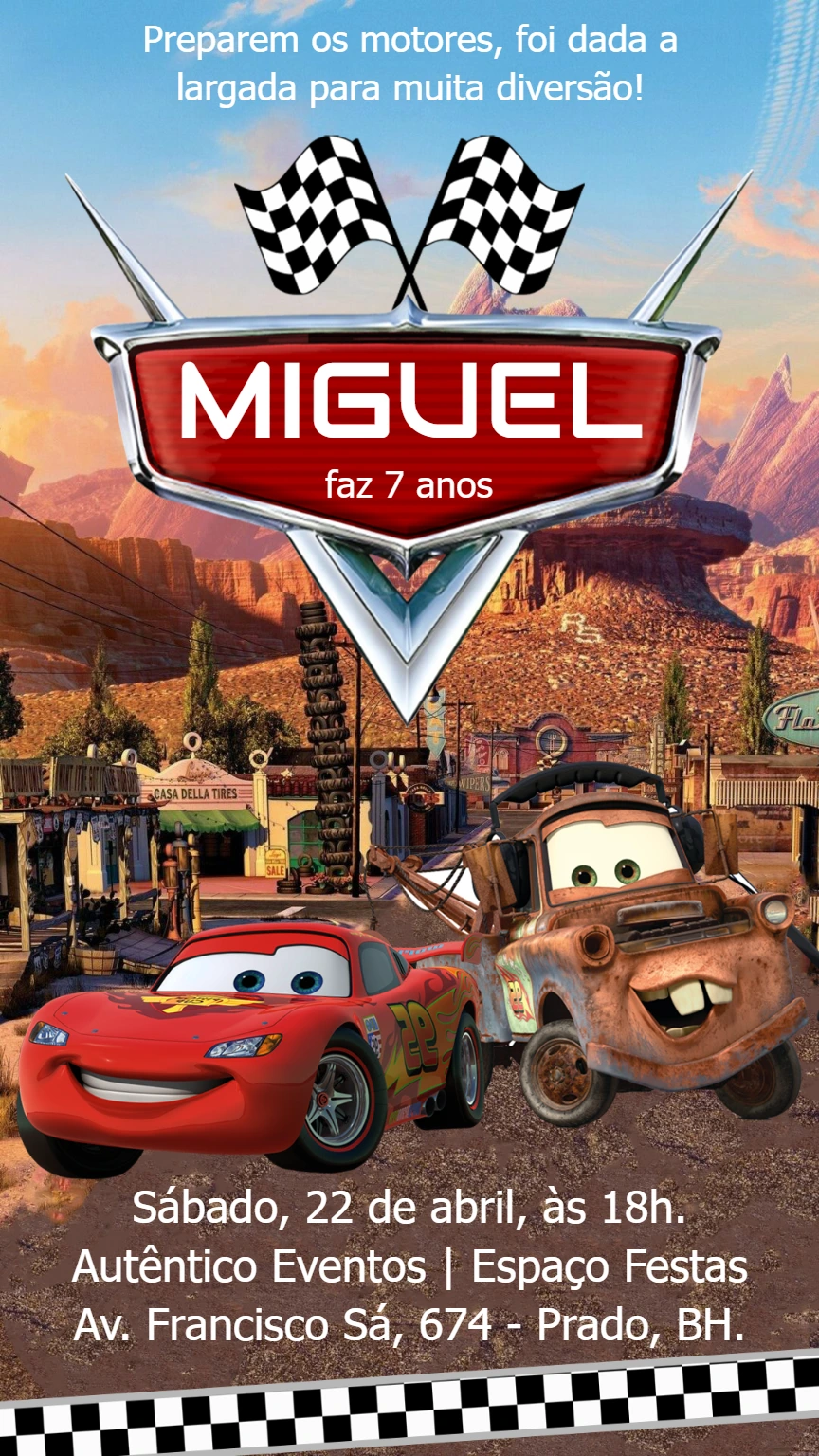 Convite de Aniversário Carros com McQueen e Mater para Editar