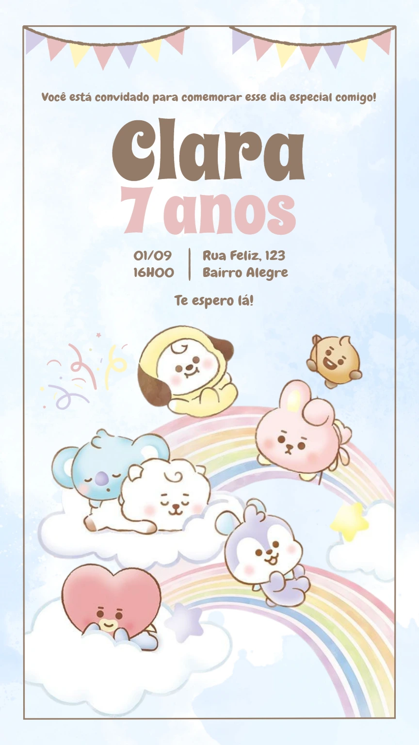 Convite Aniversário BT21 Aquarela para Editar Online